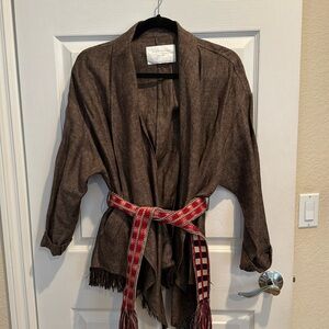 Zara Women’s Midwieght Linen Fringed Belted Cardi w/Pockets Size xs-s